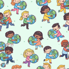 Diverse children lovingly hold Earth, forming a seamless pattern symbolizing global unity, environmental protection, and a hopeful future for humanity's shared home