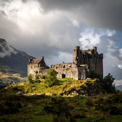 Ancient castle on a hilltop under dramatic sky