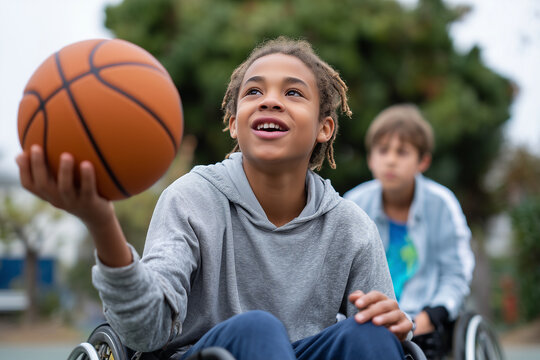 Teenagers playing wheelchair basketball outdoors, dynamic action moment,  - Powered by Adobe
