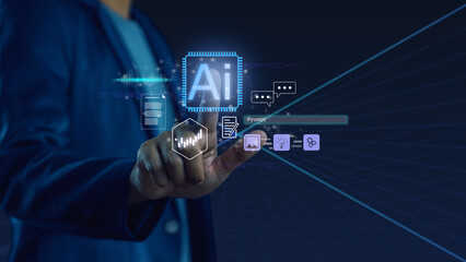 Artificial intelligence concept with futuristic prompt interface, highlighting innovation, automation, and data-driven creativity in digital transformation