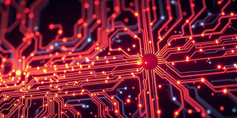 Intricate glowing circuit board pattern with nodes and flowing energy,  orange,  connection