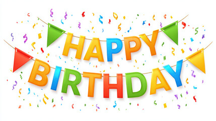 Happy birthday banner flag confetti white background