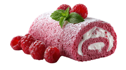 Delicious red velvet roll cake topped with fresh raspberries and mint, isolated on a white background.