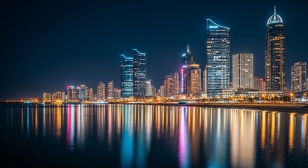 Naklejka premium A stunning panoramic view of a modern city skyline at night, with illuminated skyscrapers reflecting on the calm water.