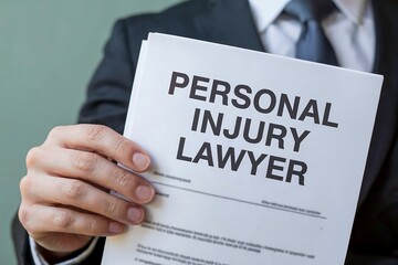 A lawyer in a suit holds a document that says personal injury lawyer in large, bold letters, offering legal representation for accident victims