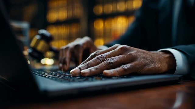 Medium shot showing a legal professional using AI software to conduct indepth case law research and find relevant precedents quickly.