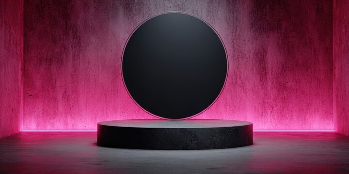 The Black Circular Disc Hovering Above a Neon Pink Backlit Modern Display Stage