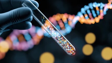 A scientist conducts an experiment in a lab, showcasing a test tube filled with vibrant colors representing genetic material. This intriguing display highlights advancements in molecular biology - Powered by Adobe