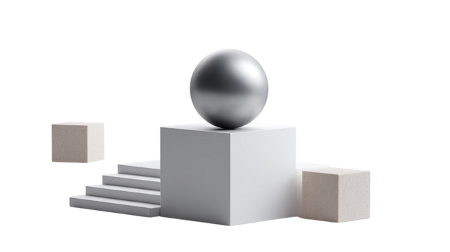 Geometric sphere on pedestal: A stunning composition featuring a sleek, metallic sphere gracefully resting atop a pristine, cubic pedestal, flanked by minimalist elements in a studio setting. 