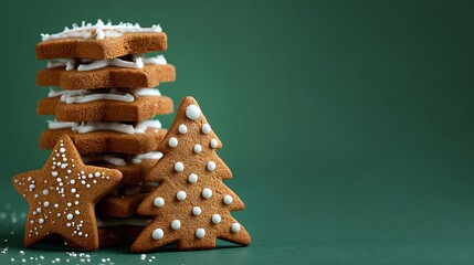 Holiday baking: Festive gingerbread cookies shaped like stars and a tree, stacked against a dark green background, ready for Christmas celebrations.