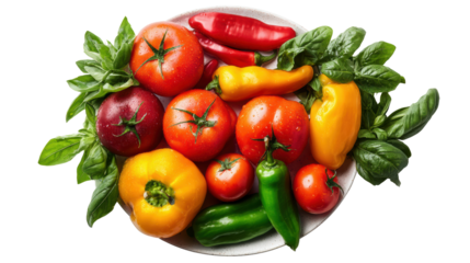 Fresh assorted vegetables on a plate, vibrant colors, healthy lifestyle, white isolated background.