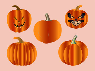 A versatile collection of five pumpkins, featuring both blank, uncarved pumpkins and spooky jack-o'-lanterns with menacing carved faces. 