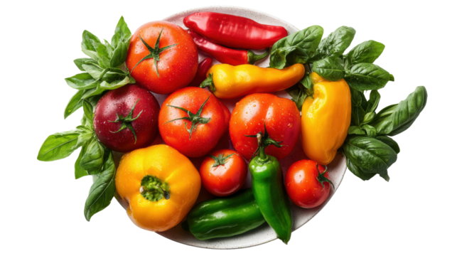 Fresh assorted vegetables on a plate, vibrant colors, healthy lifestyle, white isolated background.