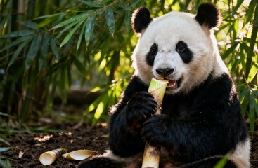 Fototapeta premium giant panda eating bamboo