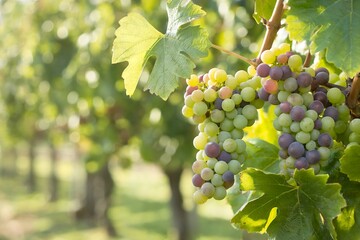 Closeup of ripening green and purple grapes on a vine in a vineyard, with soft bokeh background of more vines and sunlight filtering through leaves