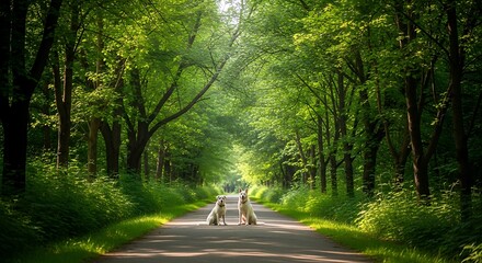 Sunlit Path Through Verdant Forest with Deer Crossing.