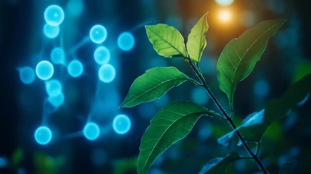 Blurred glowing molecules contrasted with vibrant green leaves
