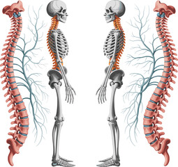 Human skeleton anatomy with spinal cord nerves, vertebral column illustration, medical diagram showing spine structure, biology science educational vector