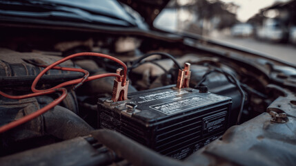 Car battery connected to jumper cables in an automobile engine compartment with a blurred background of a street and tree line under natural light conditions.
