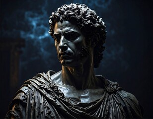 Close-up Roman bust, dramatic lighting