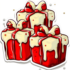 Three bright red gifts tied with golden bows. The illustration combines a festive, cozy, and magical atmosphere with a playful touch of sweetness and childish joy.