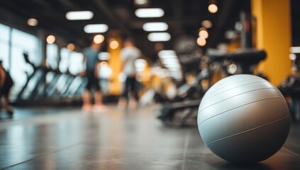 A gray exercise ball sits on the floor of a gym with blurry people working out in the background.