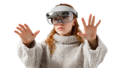Girl wearing augmented reality glasses, engaged in virtual experience, white isolate background.
