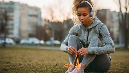 A young woman sits on the grass in a park, tying her shoelaces as she gets ready for exercise. The sun sets in the background, creating a calm atmosphere for fitness - Powered by Adobe
