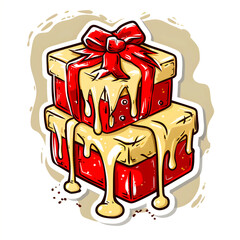 Two bright red gifts tied with colorful bows. The illustration combines a festive atmosphere, coziness, and magic with a playful touch of sweetness and childish joy.