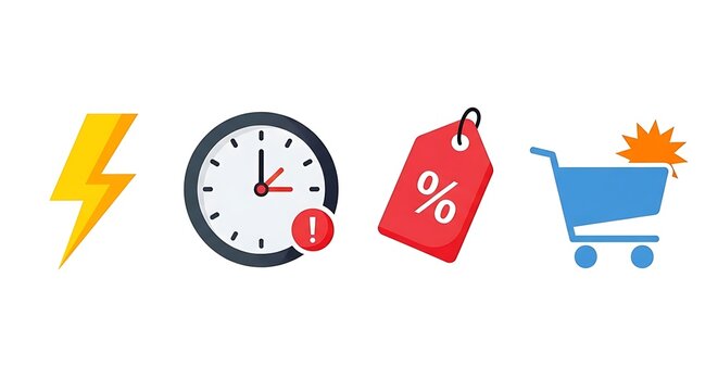 Set of Four Colorful Warning and Shopping Icons Including Lightning Clock Discount Tag and Shopping Cart - Powered by Adobe