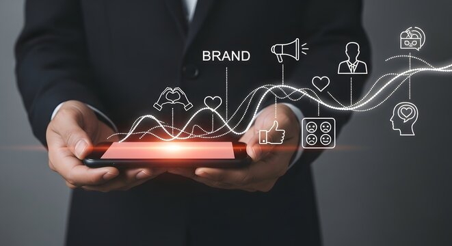 Businessman holding a smartphone displaying a digital marketing strategy with brand growth and customer engagement icons - Powered by Adobe