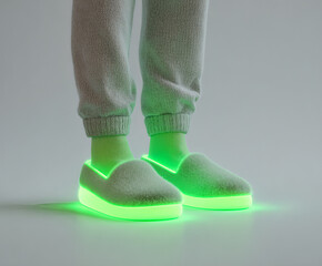 Bright neon green illuminated slippers on relaxed feet in soft loungewear