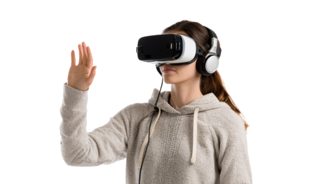 Person experiencing virtual reality with headset and headset, isolated on white background.