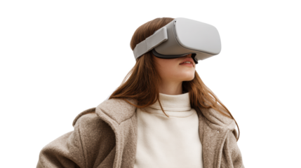 Person wearing virtual reality headset, engaging in immersive experience, white isolate background.