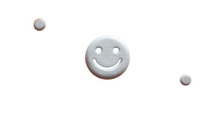 A Silver Lining: A minimalist composition centered around a friendly smiling face, rendered in textured silver, symbolizes happiness and positivity. Accompanied by two orbiting dots.