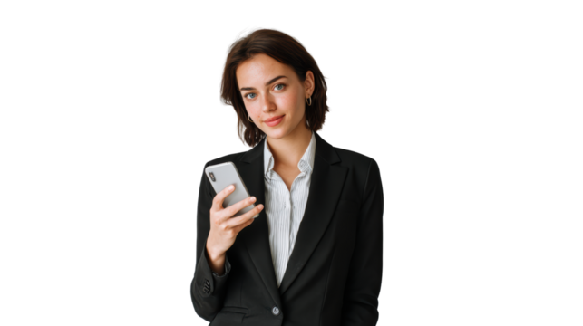 Professional woman in a business suit holding a smartphone on a white isolated background.
