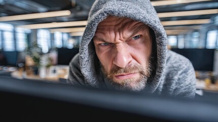Man in hoodie looking at monitor with angry face. Hacker or programmer with frustrated expression in office environment.