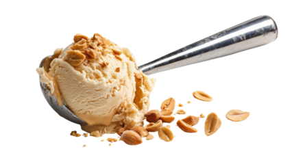Scoop of creamy peanut butter ice cream with crushed peanuts, isolated on white background.