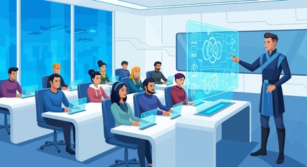 Futuristic Classroom with Digital Learning Interface and Diverse Student Group in Modern Setting
