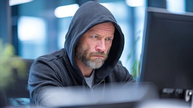 Man in a black hoodie working at a computer. Cybersecurity threat and hacker activity in an office setting.