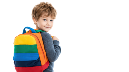 Smiling boy with a colorful backpack posing against a white background.