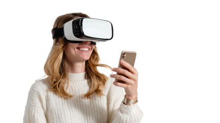 Smiling woman wearing VR headset, interacting with smartphone, modern tech lifestyle.