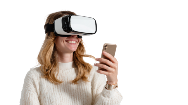 Smiling woman wearing VR headset, interacting with smartphone, modern tech lifestyle.