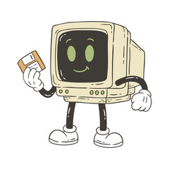 Retro Doodle Cartoon of Computer Character Holding Floppy Disk