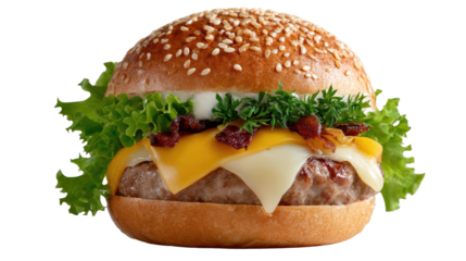 Burger Delight: A mouthwatering burger creation, featuring a sesame-seeded bun overflowing with a juicy beef patty, melty cheese, fresh lettuce, and flavorful toppings.