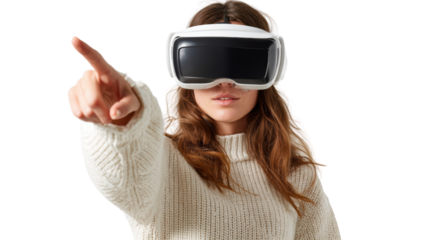 Woman interacting with virtual reality headset, engaging and exploring digital environment.