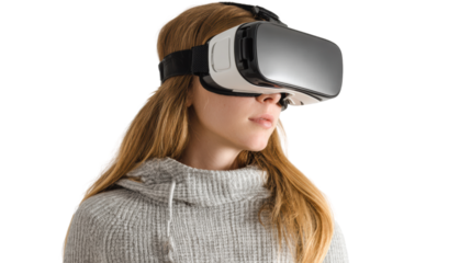 Woman using virtual reality headset, engaged in immersive experience, modern technology concept.