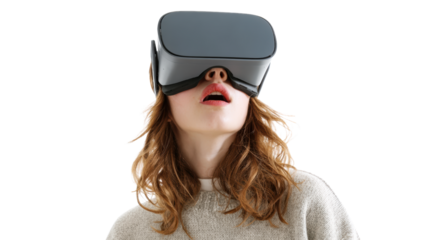 Woman wearing virtual reality goggles, engaging in immersive experience.