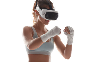 Woman wearing virtual reality headset, engaged in an immersive gaming experience.