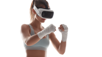 Woman wearing virtual reality headset, engaged in an immersive gaming experience.